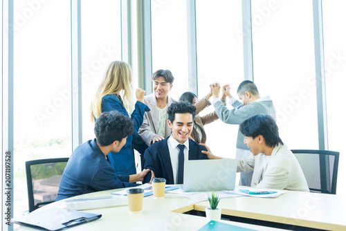 Boss And Business People Group In Office, Leadership Concept, Successful Mix Race Team Of Businesspeople Wearing Suits, Professional Staff Happy Smiling