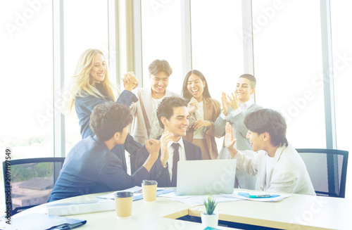 Boss And Business People Group In Office, Leadership Concept, Successful Mix Race Team Of Businesspeople Wearing Suits, Professional Staff Happy Smiling