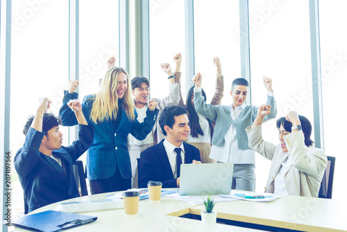 Boss And Business People Group In Office, Leadership Concept, Successful Mix Race Team Of Businesspeople Wearing Suits, Professional Staff Happy Smiling