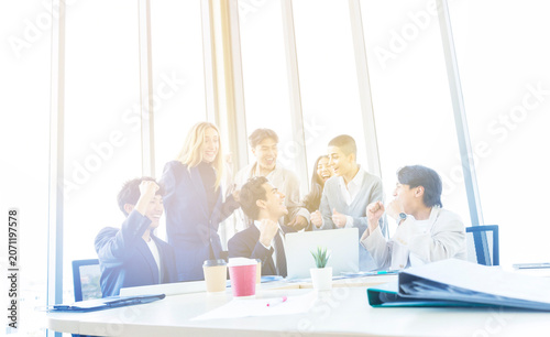 Boss And Business People Group In Office, Leadership Concept, Successful Mix Race Team Of Businesspeople Wearing Suits, Professional Staff Happy Smiling