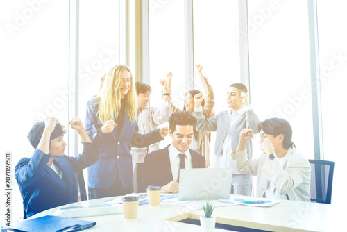 Boss And Business People Group In Office, Leadership Concept, Successful Mix Race Team Of Businesspeople Wearing Suits, Professional Staff Happy Smiling