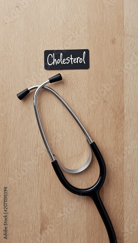 A stethoscope lies on a wooden surface with a sign labeled Cholesterol.