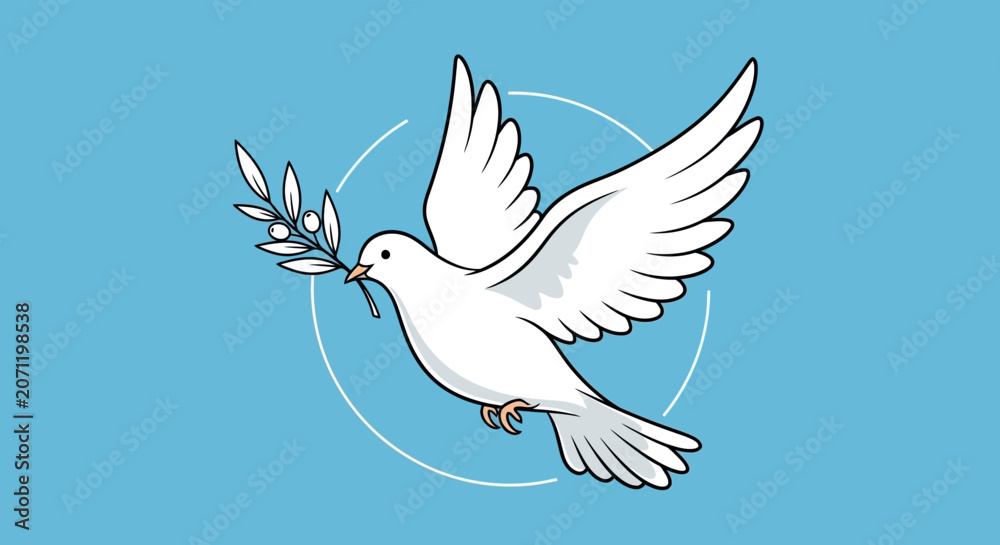 Fototapeta premium White dove flying with an olive branch in beak, representing peace, hope, purity, and freedom. Minimalist illustration.