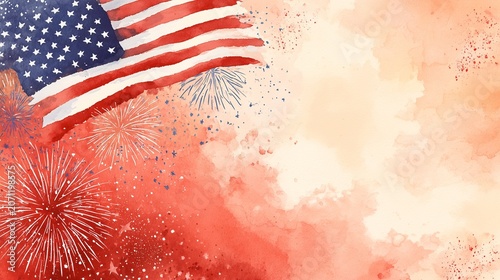 American flag with fireworks background in watercolor style