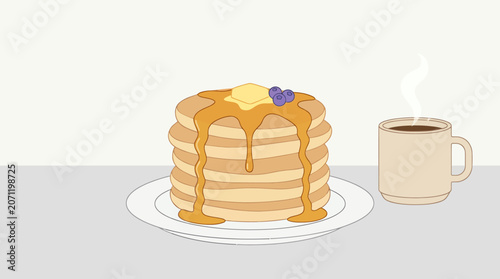 Pancakes Stack with Syrup Butter and Blueberries on Plate Next to Coffee Mug