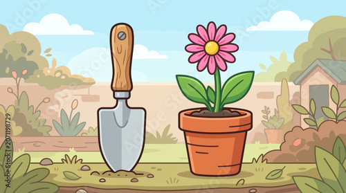 Jardinage Pink Daisy Flower in Terracotta Pot with Garden Trowel