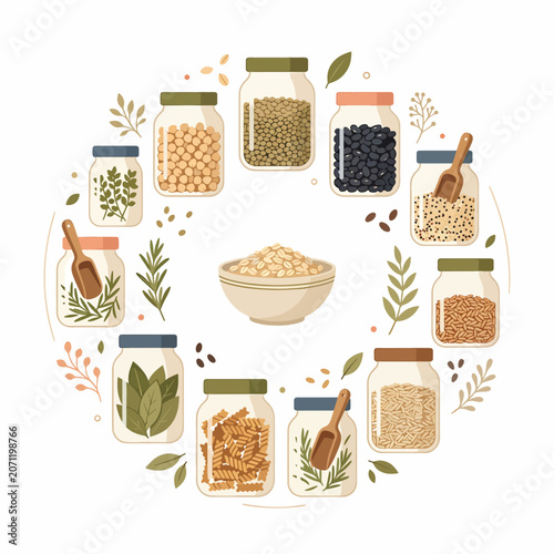 Variety of legumes in jars.