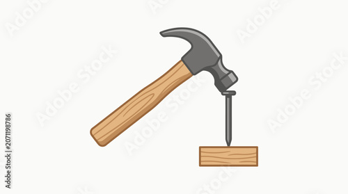 Stylized Flat Vector Illustration of a Wooden Hammer Hammering a Nail into Wood for Design