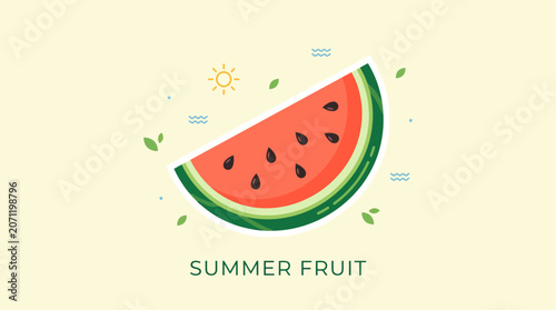 Summer Fruit Illustration Watermelon Slice on Light Yellow Background with Sun and Wavy Details
