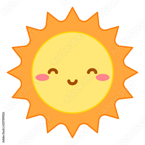 Cute sun vector illustration, kawaii smiling sun cartoon character, happy sunshine face icon for kids design