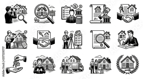 Real Estate Icons Representing Property Transactions and Services.