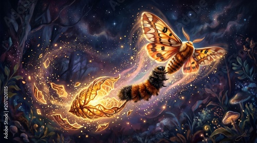 Surreal Art Woolly Bear Caterpillar Transforming into Moth Night Sky