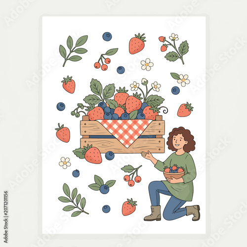 Woman holding basket of fresh strawberries.