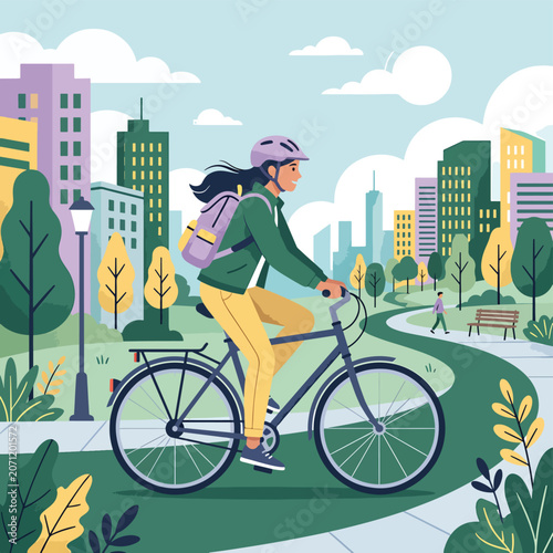 Canvas Print Woman Riding Bicycle City Park Trail.