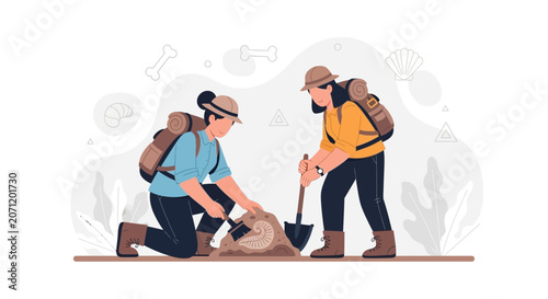 Paleontologists Excavating Fossilized Remains of Ancient Dinosaur Bones and Shells in a Stylized Illustration