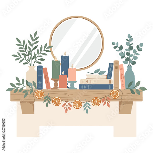 Wooden shelf with books and plants.