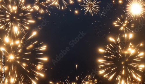 4th July Golden fireworks frame on dark background, shimmering firework border for celebration, sparkling festive pyrotechnics display with copy space