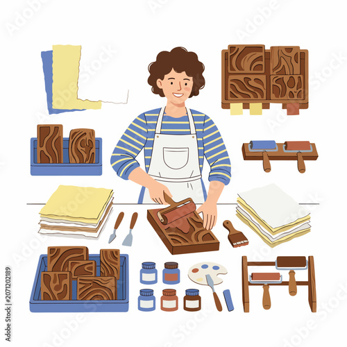 Woman working with wood carving tools.