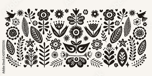 Tableau sur toile Scandinavian floral ornament with stylized birds and leaves on a white backgroun