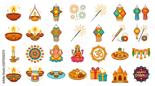 Festive Diwali celebration icons with lamps and fireworks decorations