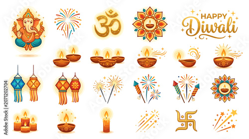 The festival of Diwali decorations and symbols are displayed.