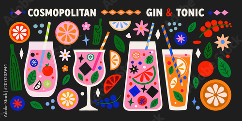 Bild auf Leinwand Cocktail And Gin Tonic Illustration A Colorful Hand drawn Vector Arrangement Wit