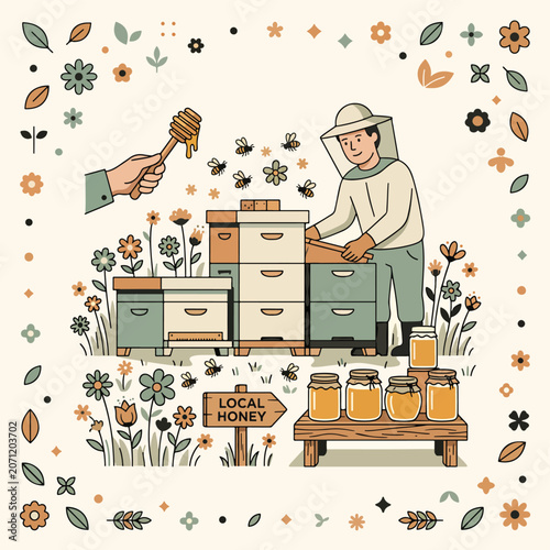 Beekeeper harvesting honey from beehive boxes.