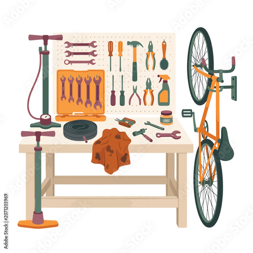 Bicycle repair tools on workbench scene.