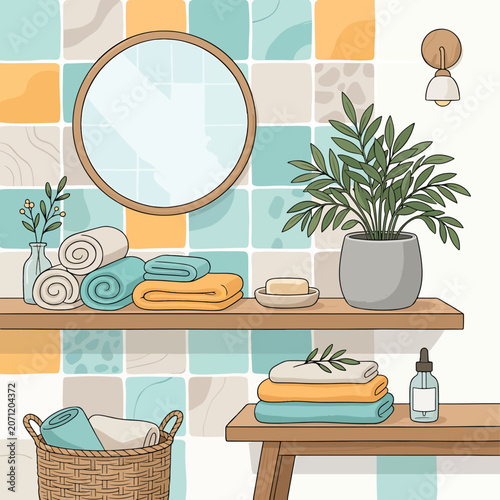 Bathroom shelf with towels and plant.