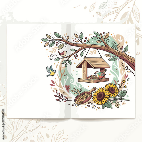 Bird Feeder with Sunflowers and Birds.