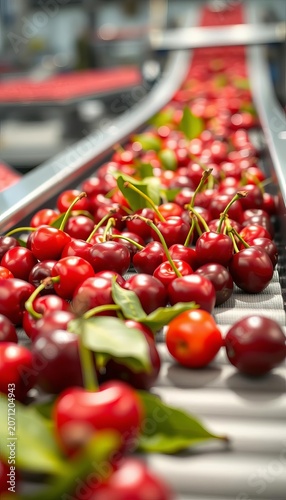 Fresh cherries on a conveyor belt, inspected by quality control, inventory management, warehouse atmosphere