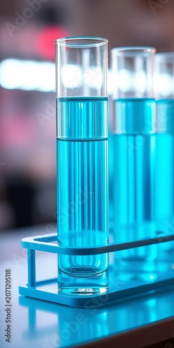Glass test tubes with light blue liquid on blurred background closeup, chemistry, liquid