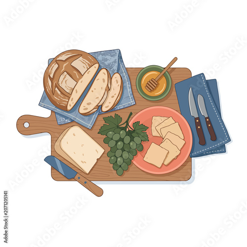 Bread cheese grapes on cutting board.