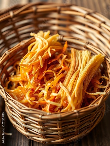 Golden brown dried shredded soybean curd skins in a traditional bamboo basket, shredded, soybean