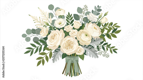 Cuadro en lienzo Charming White Rose and Ranunculus Bouquet with Eucalyptus and Dusty Miller Tied