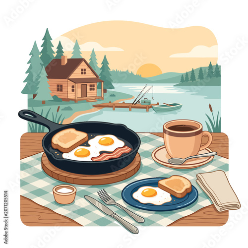 Breakfast by the lake house scene.
