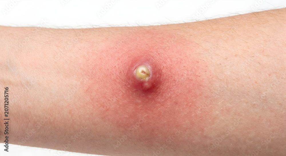 Fototapeta premium Furuncle Skin Boil with Surrounding Cellulitis Redness Macro Photography