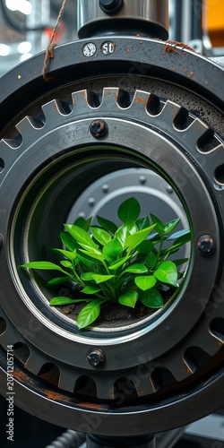 Industrial steel gear with lush green plant growing inside, artificial, || metal