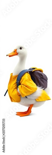Lovely duck with backpack and yellow raincoat going back to school on a white background, start, backpack