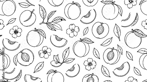 Hand drawn peach and leaf pattern illustration.