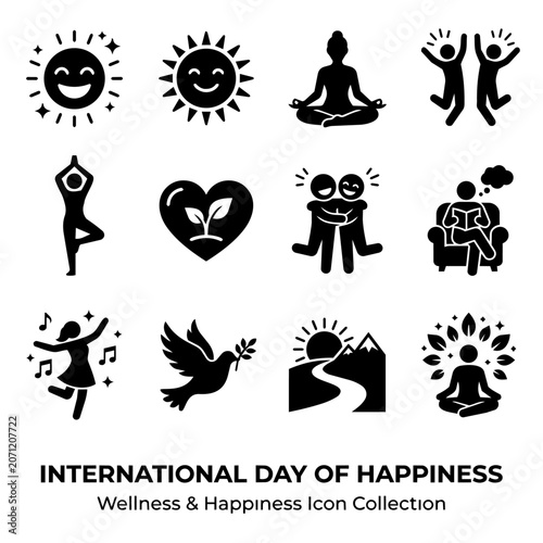 International Day of Happiness Wellness and Mental Health Icon Set