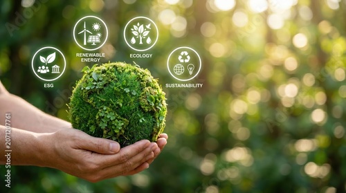 Human Hand Gently Holding a Globe Made of Lush Green Grass and Moss, Symbolizing Ecology, Renewable Energy, and Sustainability Initiatives