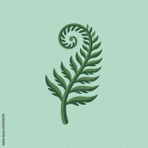 Foto A green fern frond unfurls on a light green background