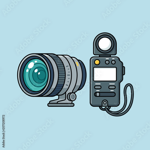 Obraz na plátně A professional camera lens and a light meter on blue background