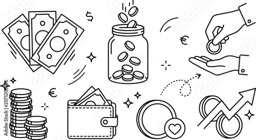 Canvas-taulu Financial savings money investment and wealth growth thin line icon set with cas