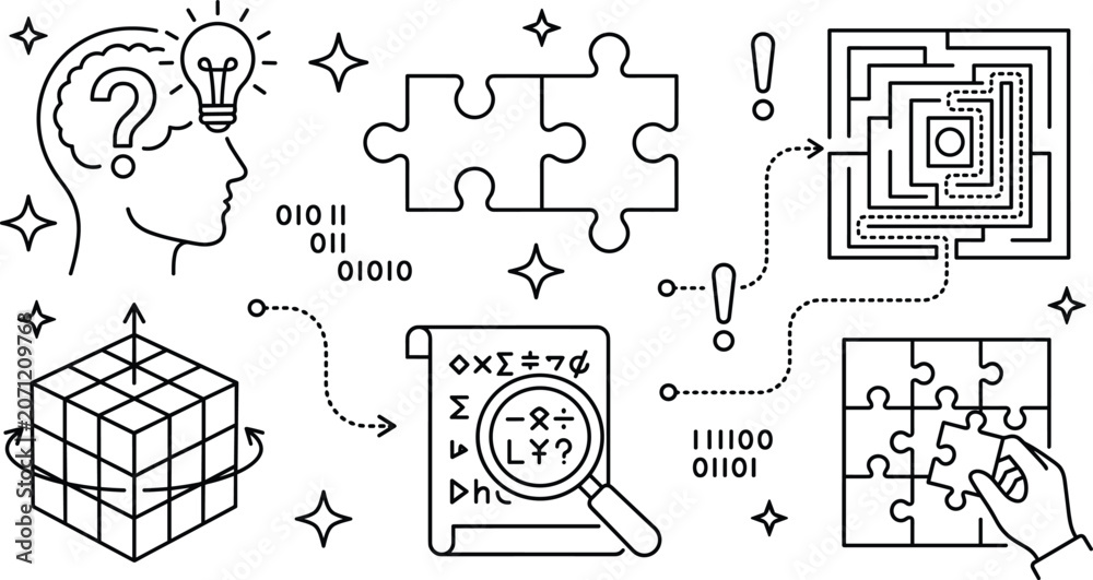 Foto Brain power and logical problem solving thin line icon set with puzzle labyrinth