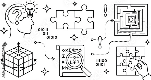 Photos Brain power and logical problem solving thin line icon set with puzzle labyrinth