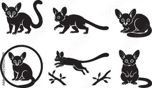 Bushbaby Silhouette Icon Set Black Vector Nocturnal Primate Wildlife Collection