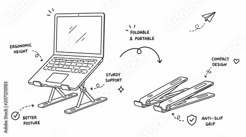 Adjustable laptop stand with cooling and portability features.