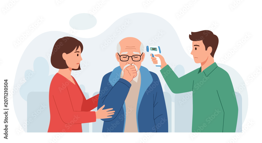 Fototapeta premium Elderly man with flu symptoms checked with thermometer, supported by family